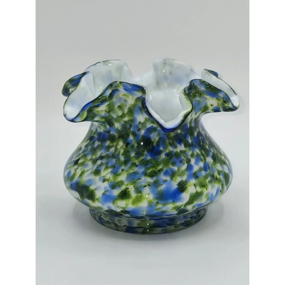 Fenton Glass Murrhina Art Glass Vase Blue Green Spatter Ruffled Rim